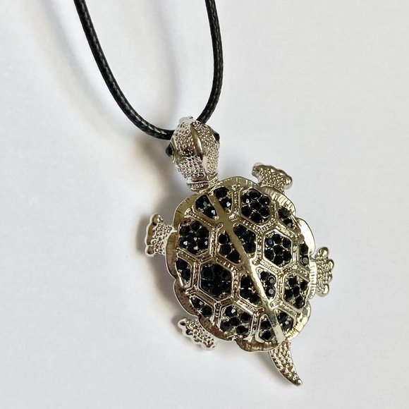 Crystal Sea Turtle Pendant Brooch Pin Necklace Silver Plated Black Cord 18" - Picture 4 of 12